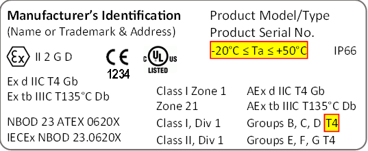 Equipment label with NFPA 70, Article 500 temperature class and ambient temperature range indicated Equipment label with NFPA 70, Article 500 temperature class and ambient temperature range indicated